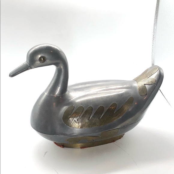 Vintage Pewter and Brass Silver Metal Duck Bowl With Lid Metal Home decor - Picture 2 of 5